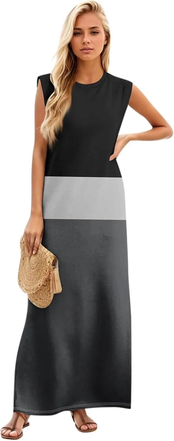 Beach Vacation Clothes for Women 2025 Summer Round Neck Casual Loose Striped Wrinkle-Free Long Maxi Beach Dress