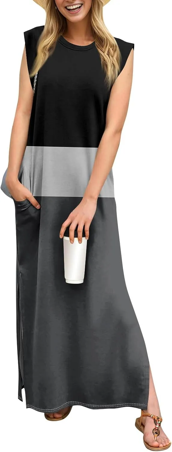 Beach Vacation Clothes for Women 2025 Summer Round Neck Casual Loose Striped Wrinkle-Free Long Maxi Beach Dress