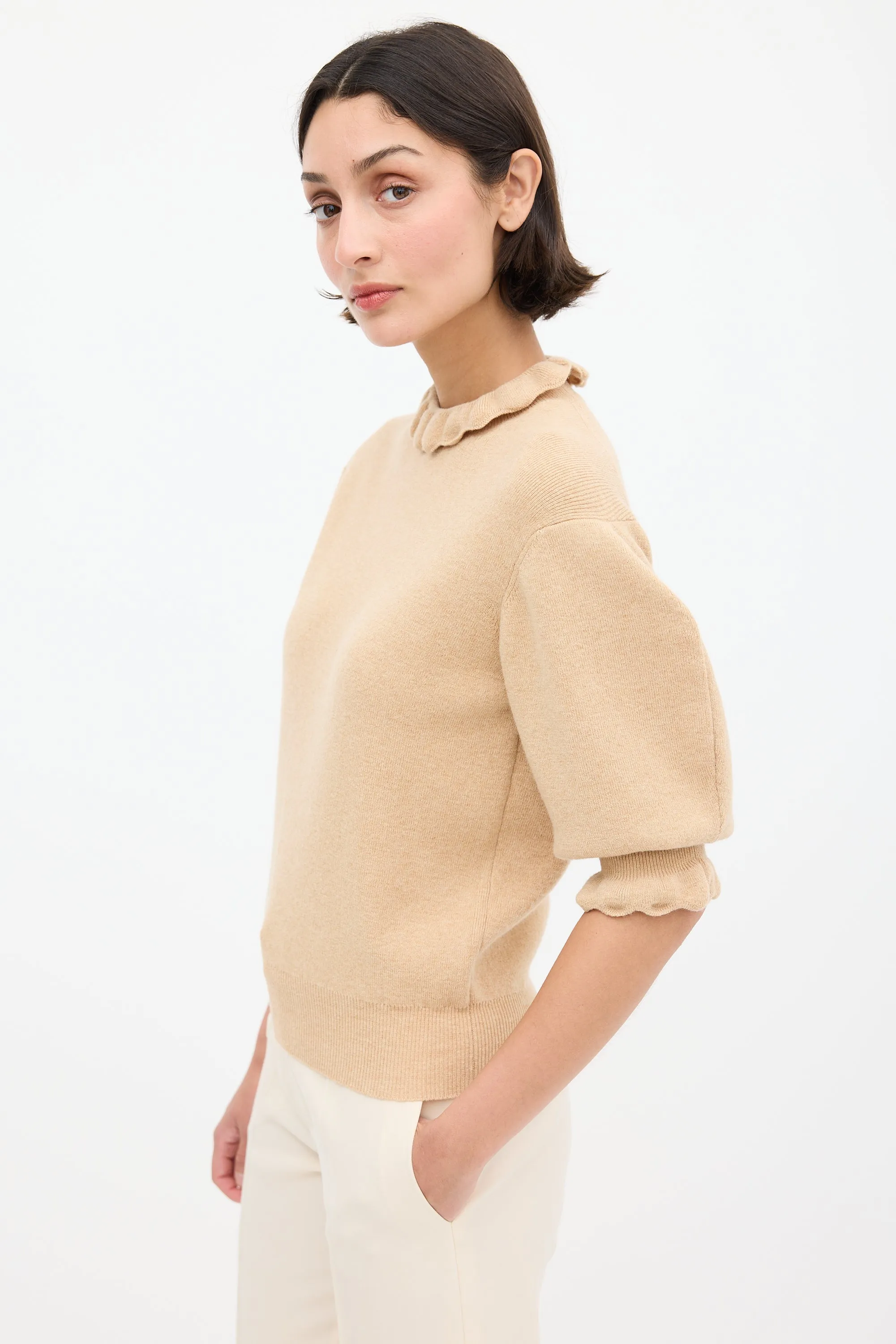 Beige Wool Ruffled Trim Sweater