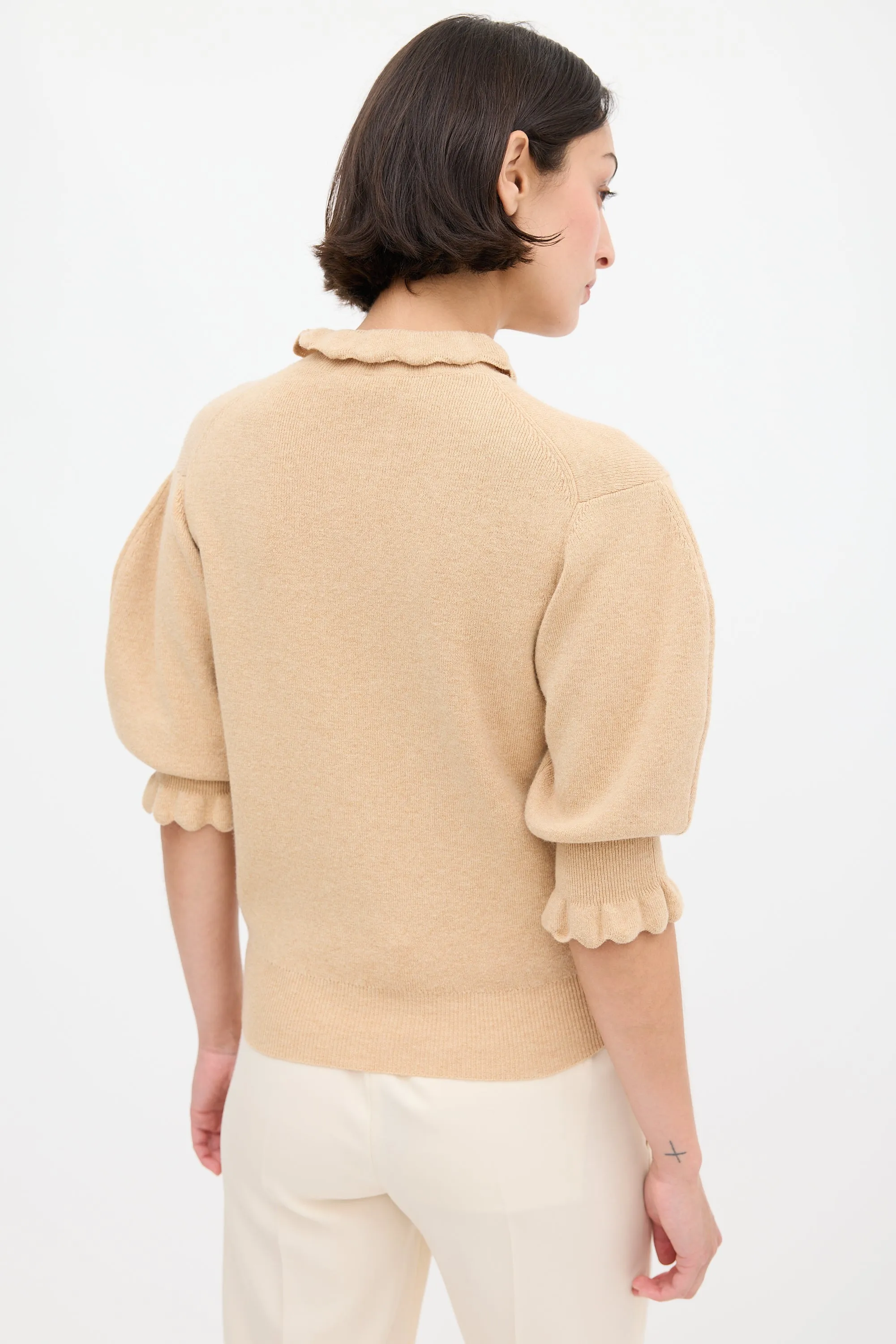 Beige Wool Ruffled Trim Sweater