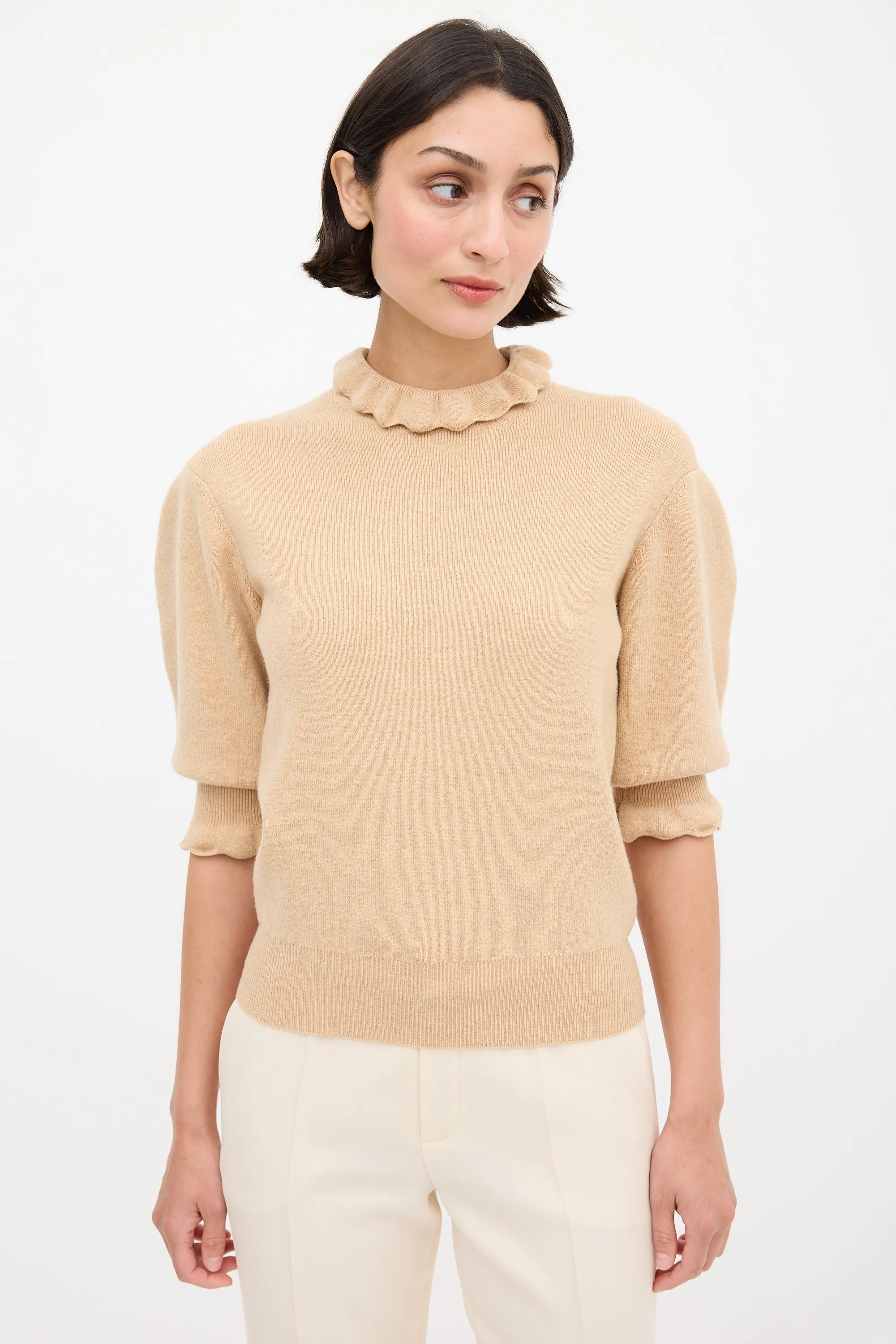 Beige Wool Ruffled Trim Sweater