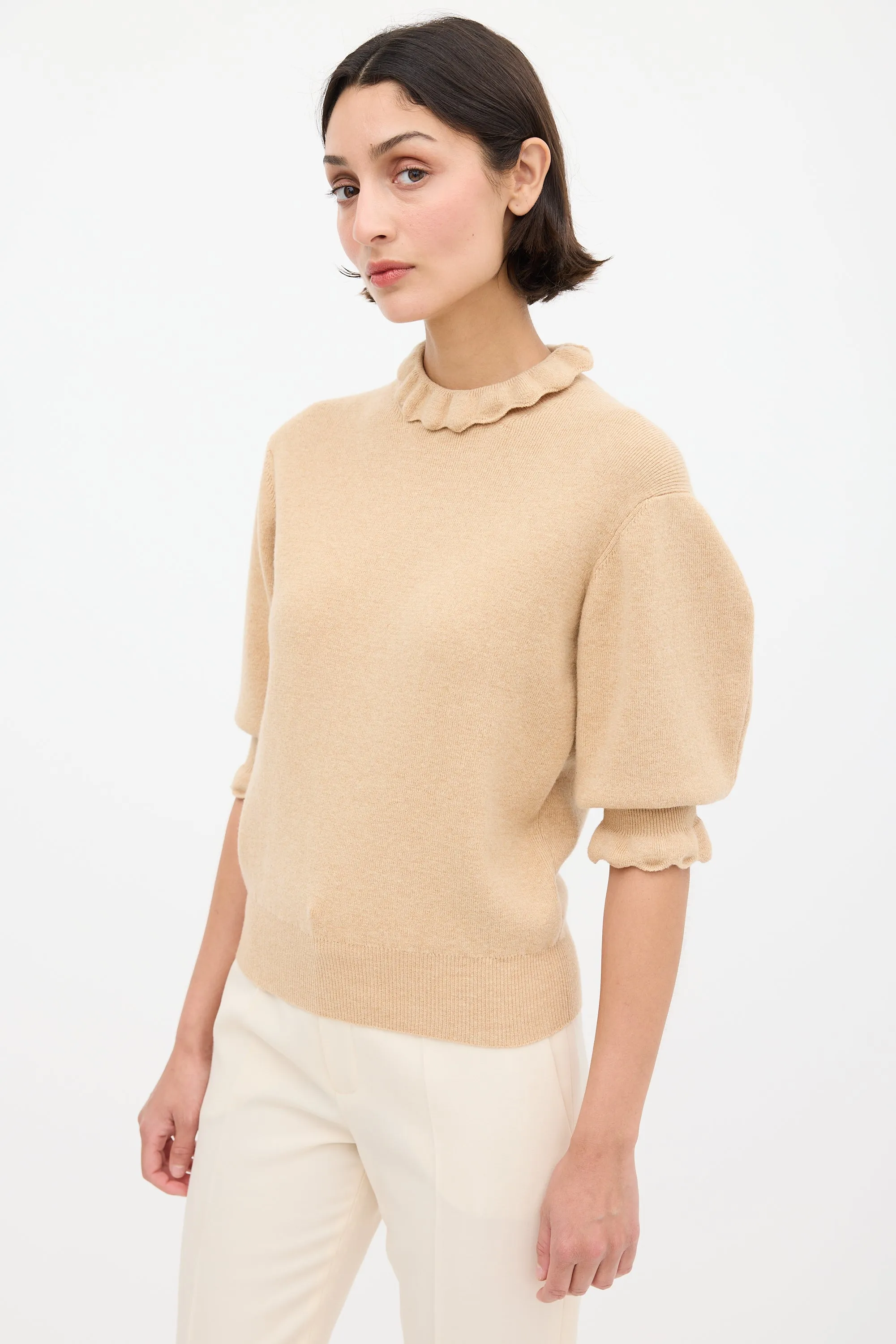 Beige Wool Ruffled Trim Sweater