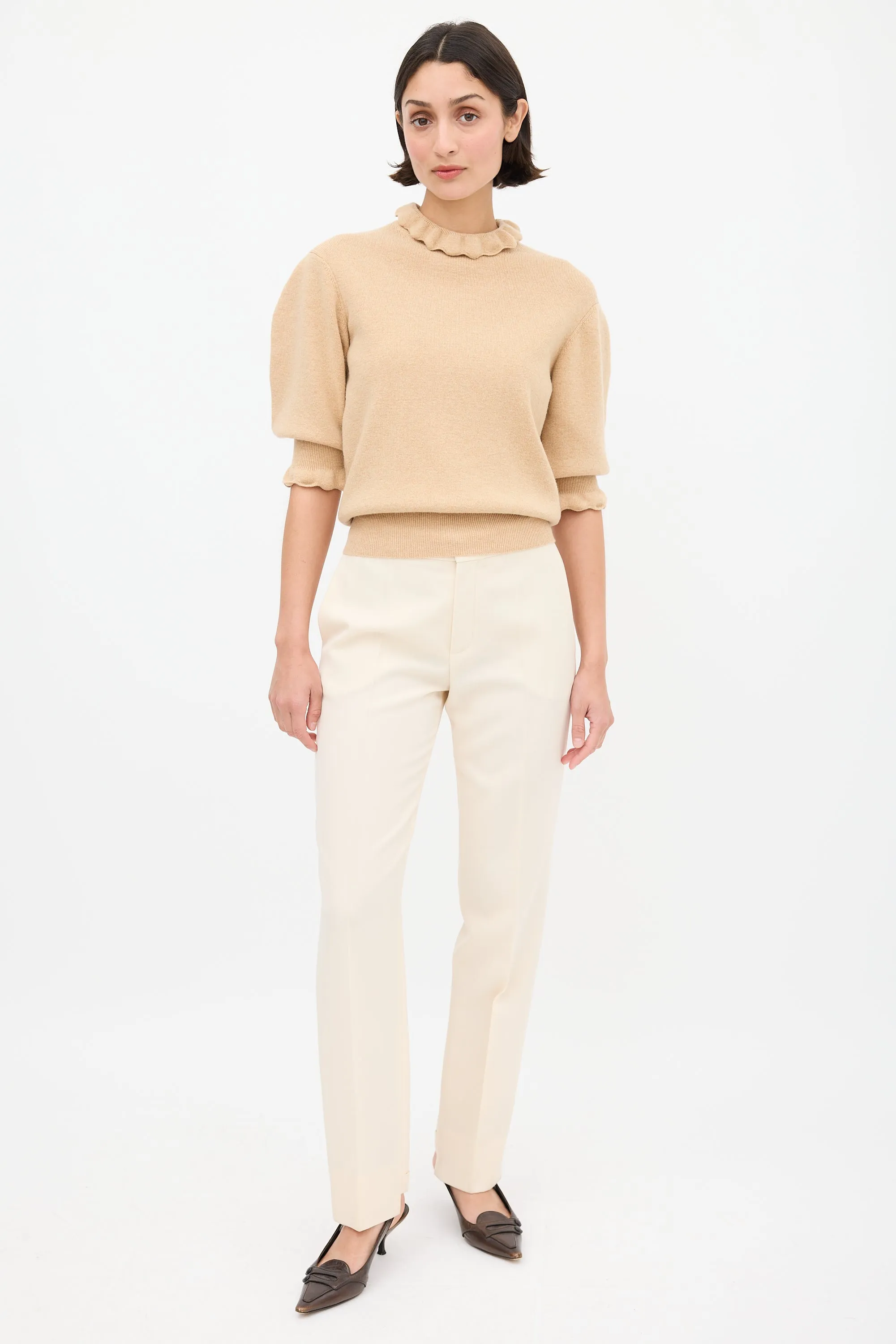 Beige Wool Ruffled Trim Sweater