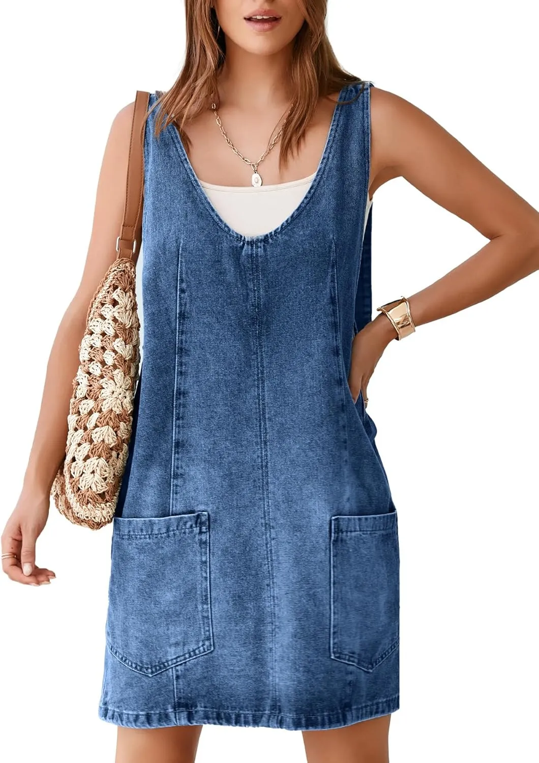 BerryGo Women's Denim V Neck Sleeveless Overall Dress Casual Mini Pinafore Dress Short Jumper Jeans Dress with Pocket
