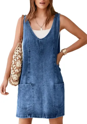BerryGo Women's Denim V Neck Sleeveless Overall Dress Casual Mini Pinafore Dress Short Jumper Jeans Dress with Pocket