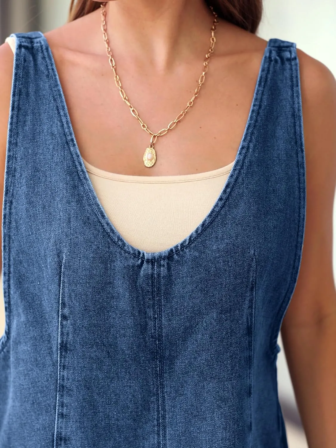 BerryGo Women's Denim V Neck Sleeveless Overall Dress Casual Mini Pinafore Dress Short Jumper Jeans Dress with Pocket