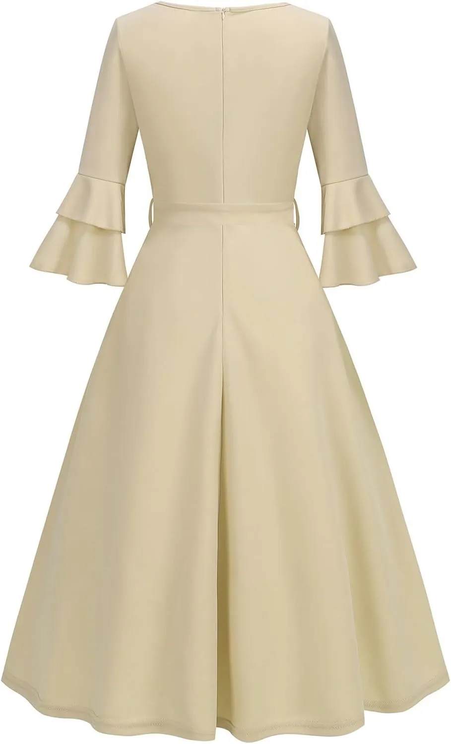 Binmer Women's V Neck Dresses Vintage 1950s Cocktail Party Dress 3/4 Ruffle Sleeves A Line Swing Midi Dress with Waist Belt
