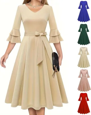 Binmer Women's V Neck Dresses Vintage 1950s Cocktail Party Dress 3/4 Ruffle Sleeves A Line Swing Midi Dress with Waist Belt