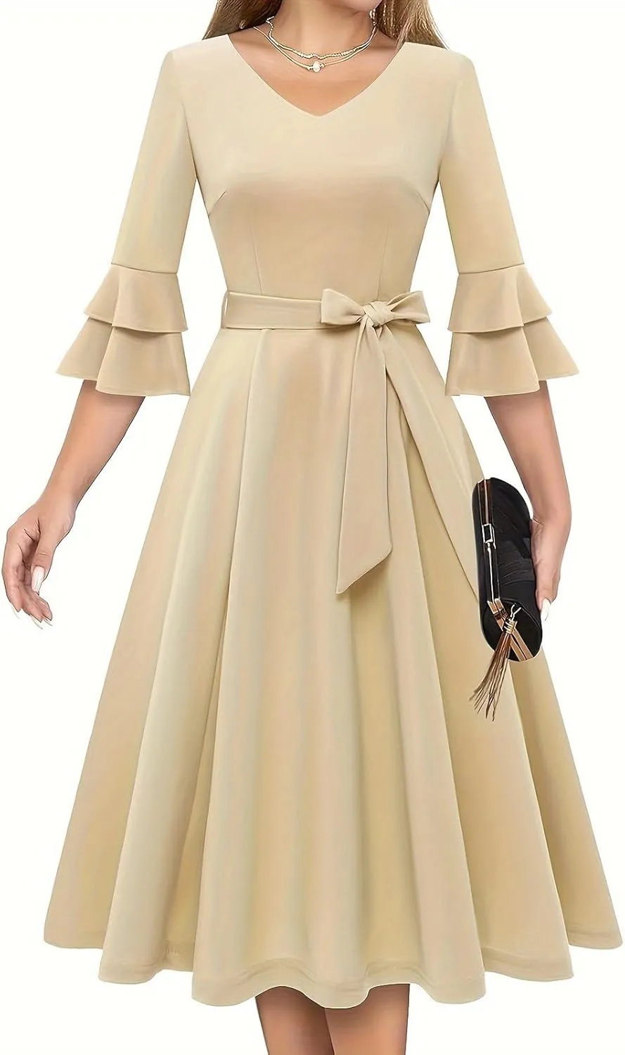 Binmer Women's V Neck Dresses Vintage 1950s Cocktail Party Dress 3/4 Ruffle Sleeves A Line Swing Midi Dress with Waist Belt