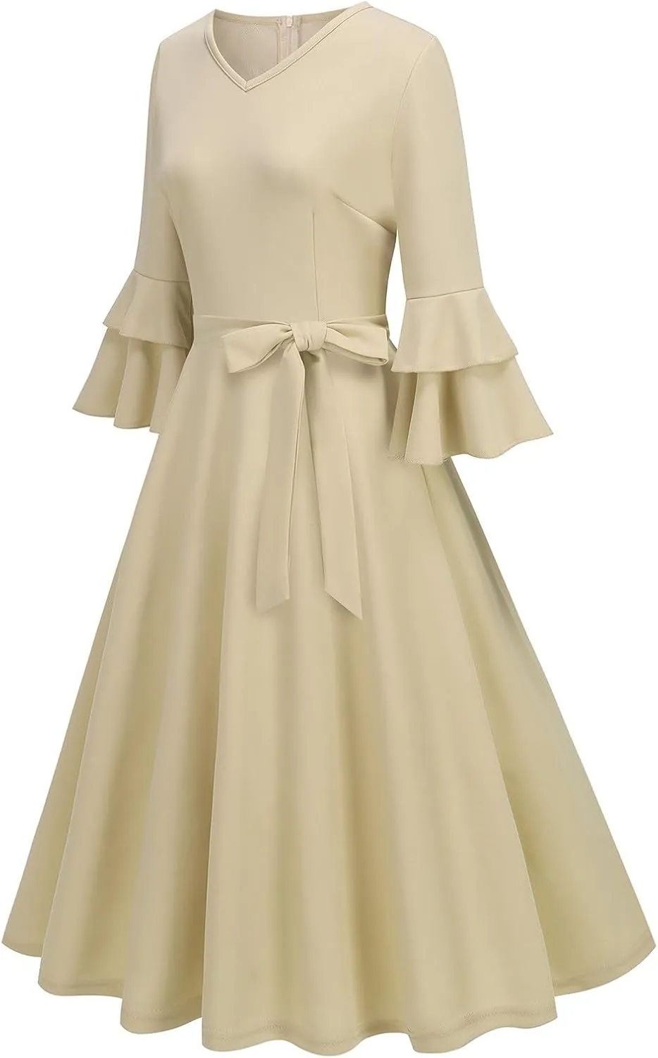 Binmer Women's V Neck Dresses Vintage 1950s Cocktail Party Dress 3/4 Ruffle Sleeves A Line Swing Midi Dress with Waist Belt