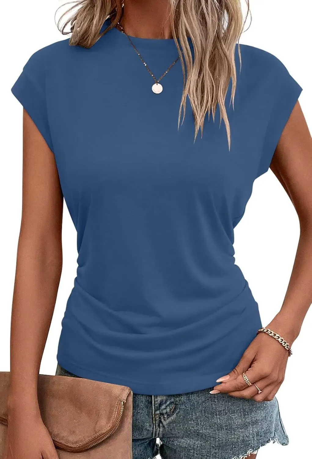 Bliwov Womens Summer Cap Sleeve Tops Business Casual Crewneck T Shirts Trendy Outfits 2025 Beach Vacation Fashion Blouses