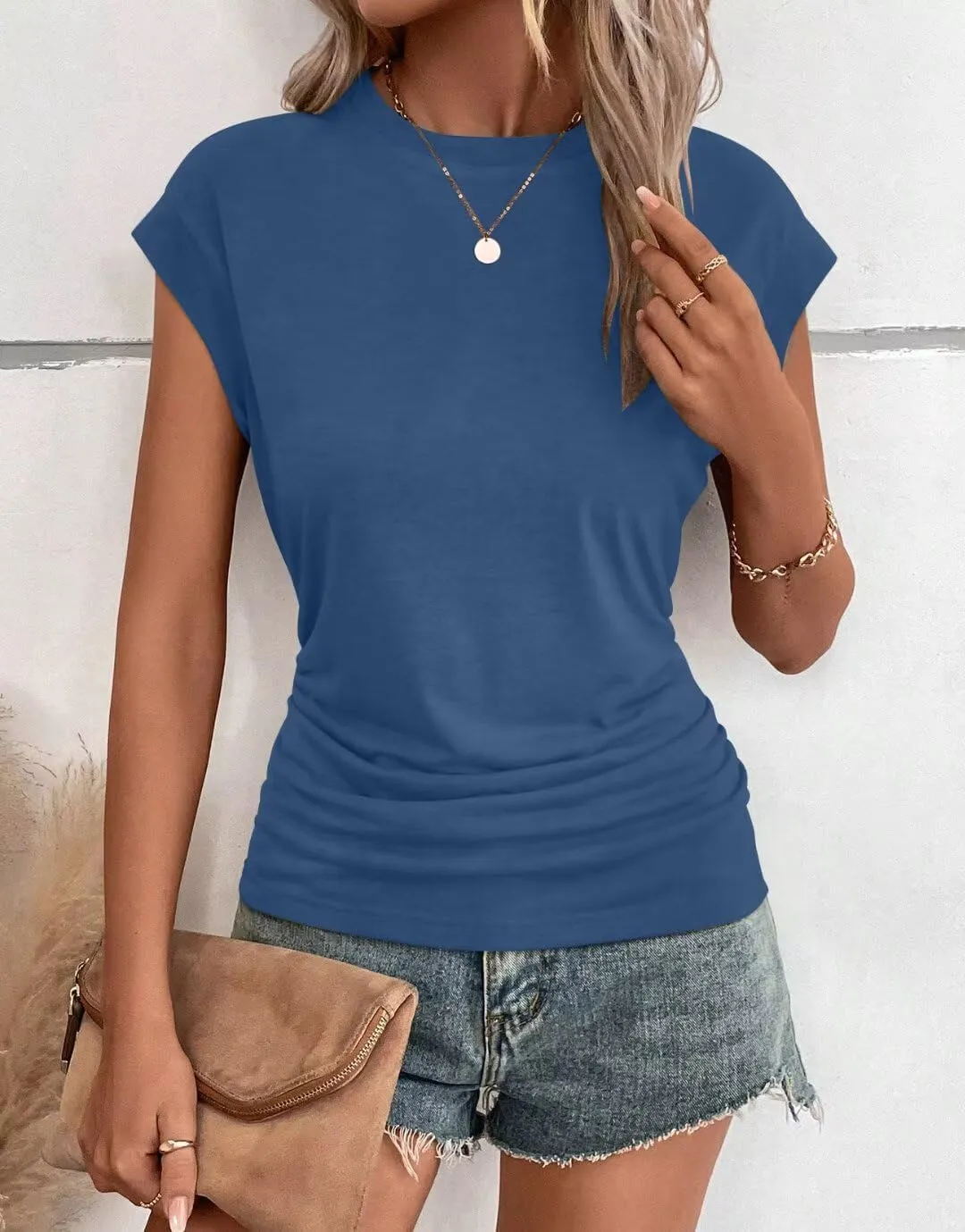 Bliwov Womens Summer Cap Sleeve Tops Business Casual Crewneck T Shirts Trendy Outfits 2025 Beach Vacation Fashion Blouses