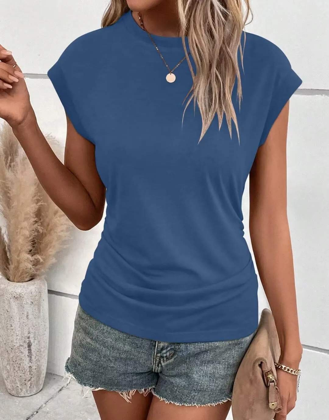 Bliwov Womens Summer Cap Sleeve Tops Business Casual Crewneck T Shirts Trendy Outfits 2025 Beach Vacation Fashion Blouses