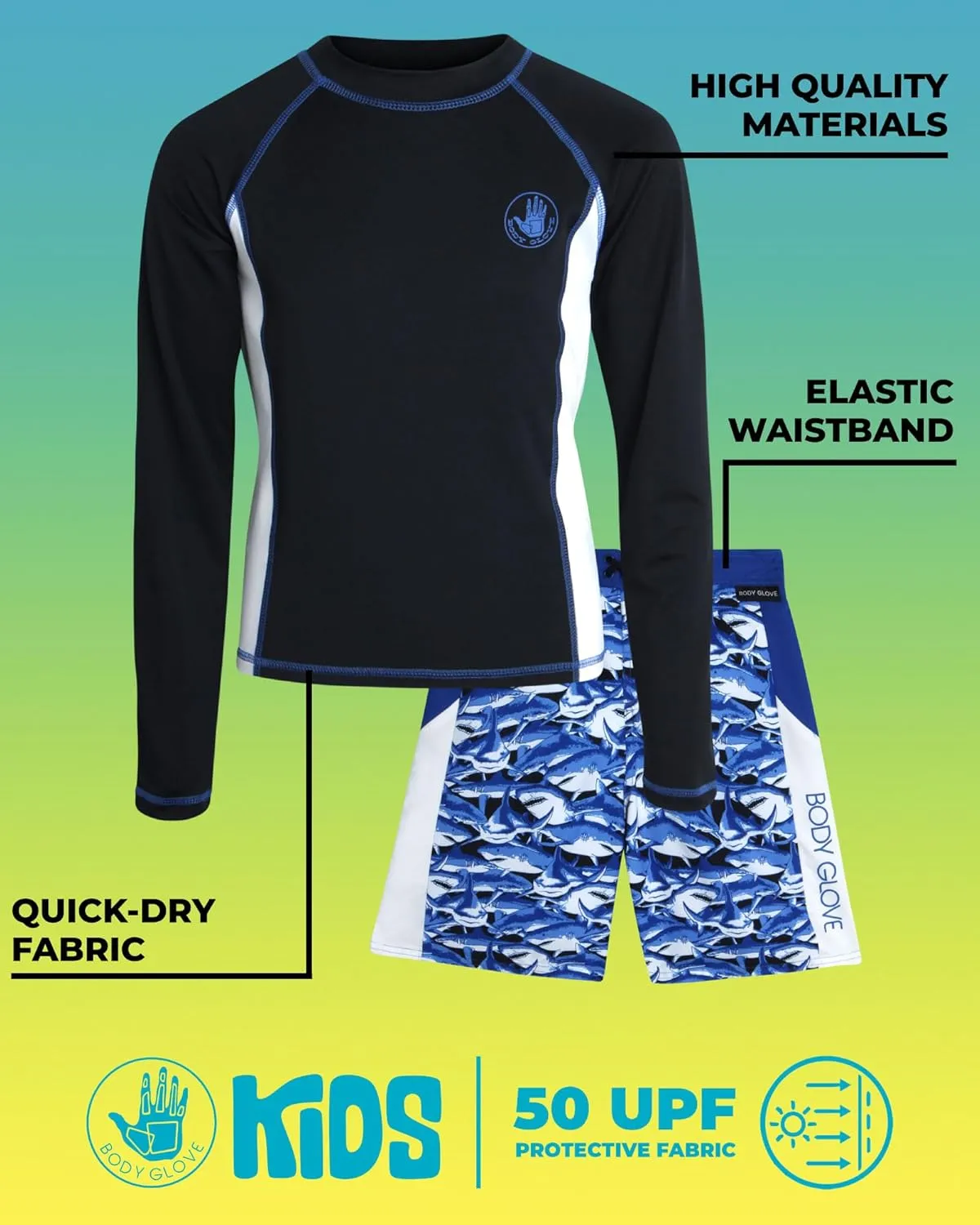 Body Glove Boys Rash Guard Set - UPF 50  Swim Shirt and Bathing Suit Trunks - Swimwear Set for Boys (4-12)