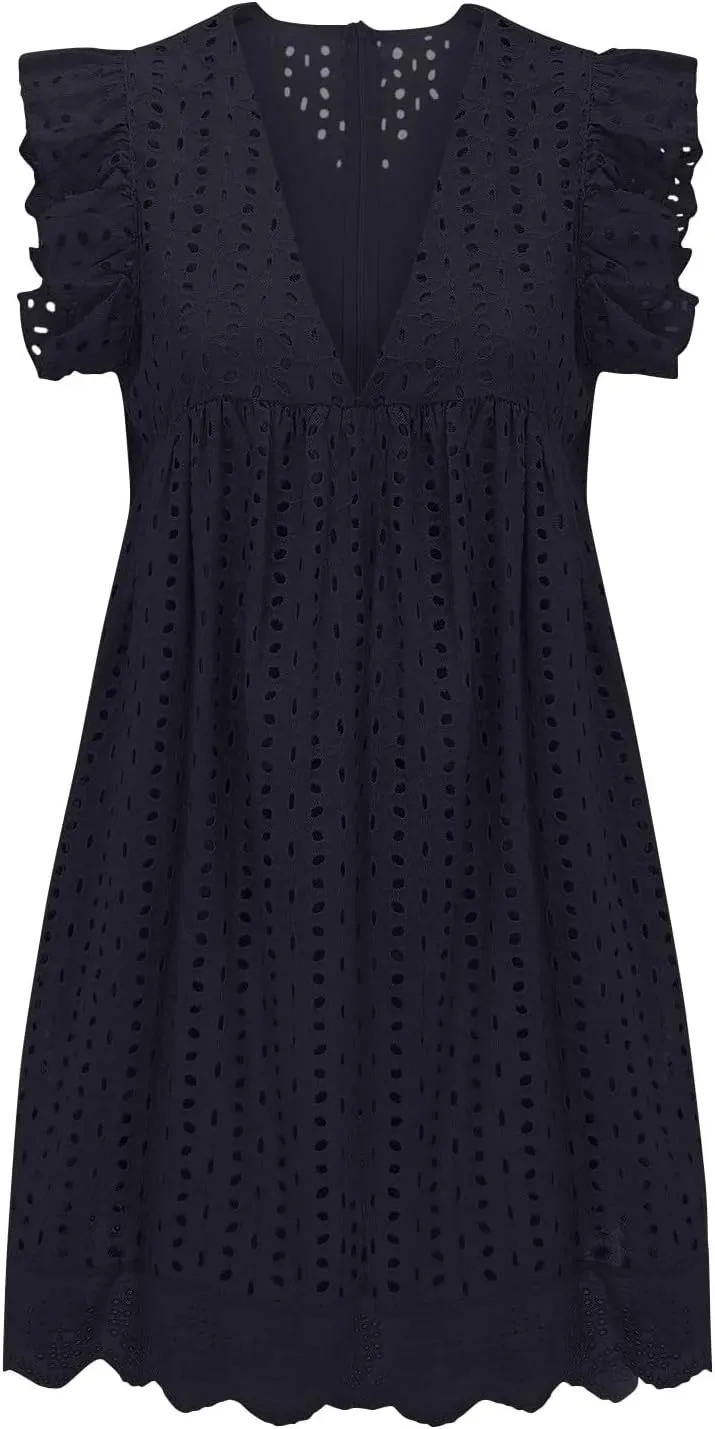 Boho Dresses for Women 2024 V Neck Sleeveless Sun Dress Hollow Out Ruffle Hem Mini Dress Vacation Summer Dresses