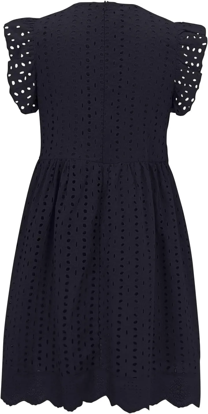Boho Dresses for Women 2024 V Neck Sleeveless Sun Dress Hollow Out Ruffle Hem Mini Dress Vacation Summer Dresses