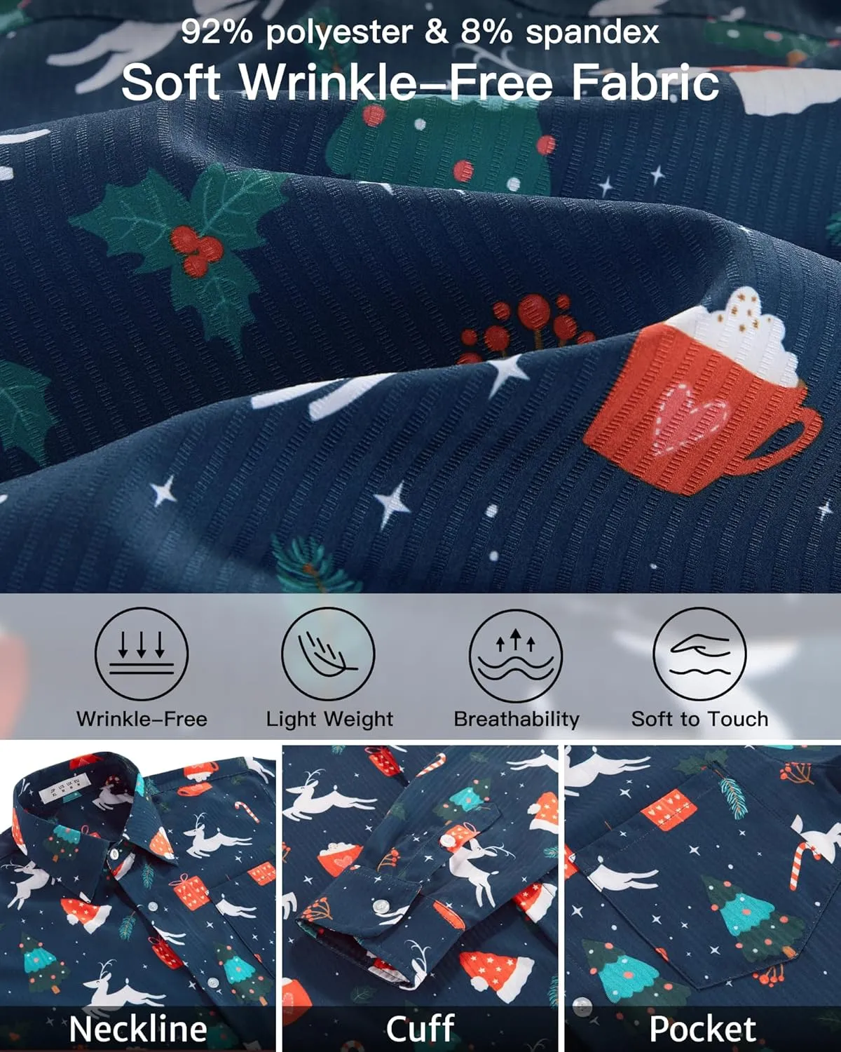 BOJIN Men's Christmas Wrinkle-Free Dress Stretch Long Sleeve Casual Button Down Shirts with Pocket