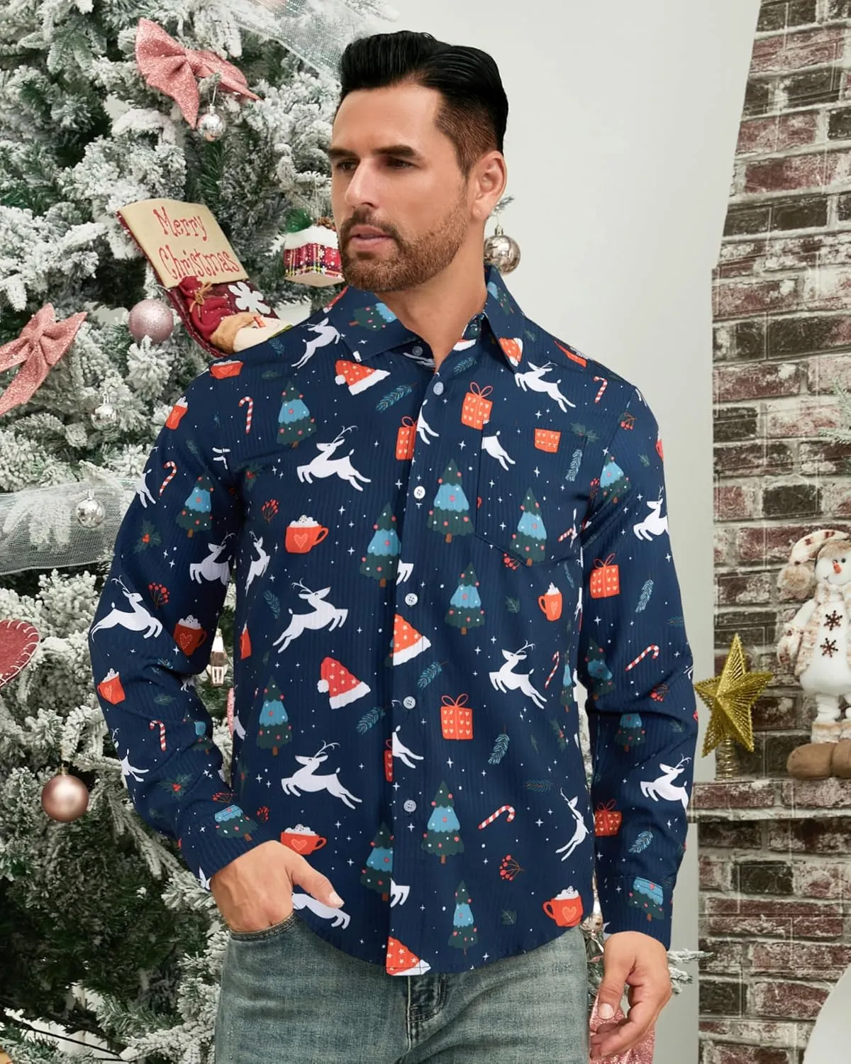 BOJIN Men's Christmas Wrinkle-Free Dress Stretch Long Sleeve Casual Button Down Shirts with Pocket