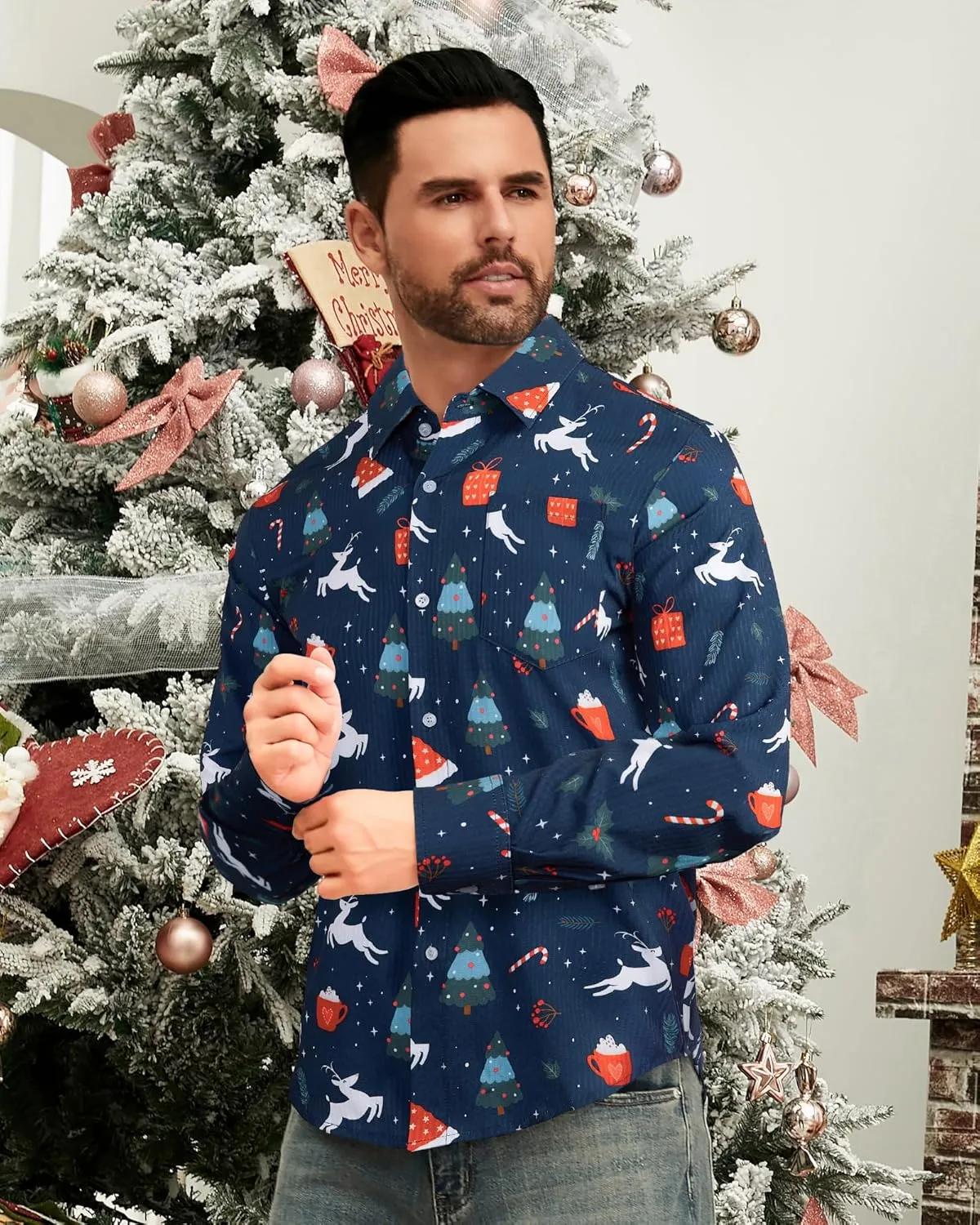 BOJIN Men's Christmas Wrinkle-Free Dress Stretch Long Sleeve Casual Button Down Shirts with Pocket