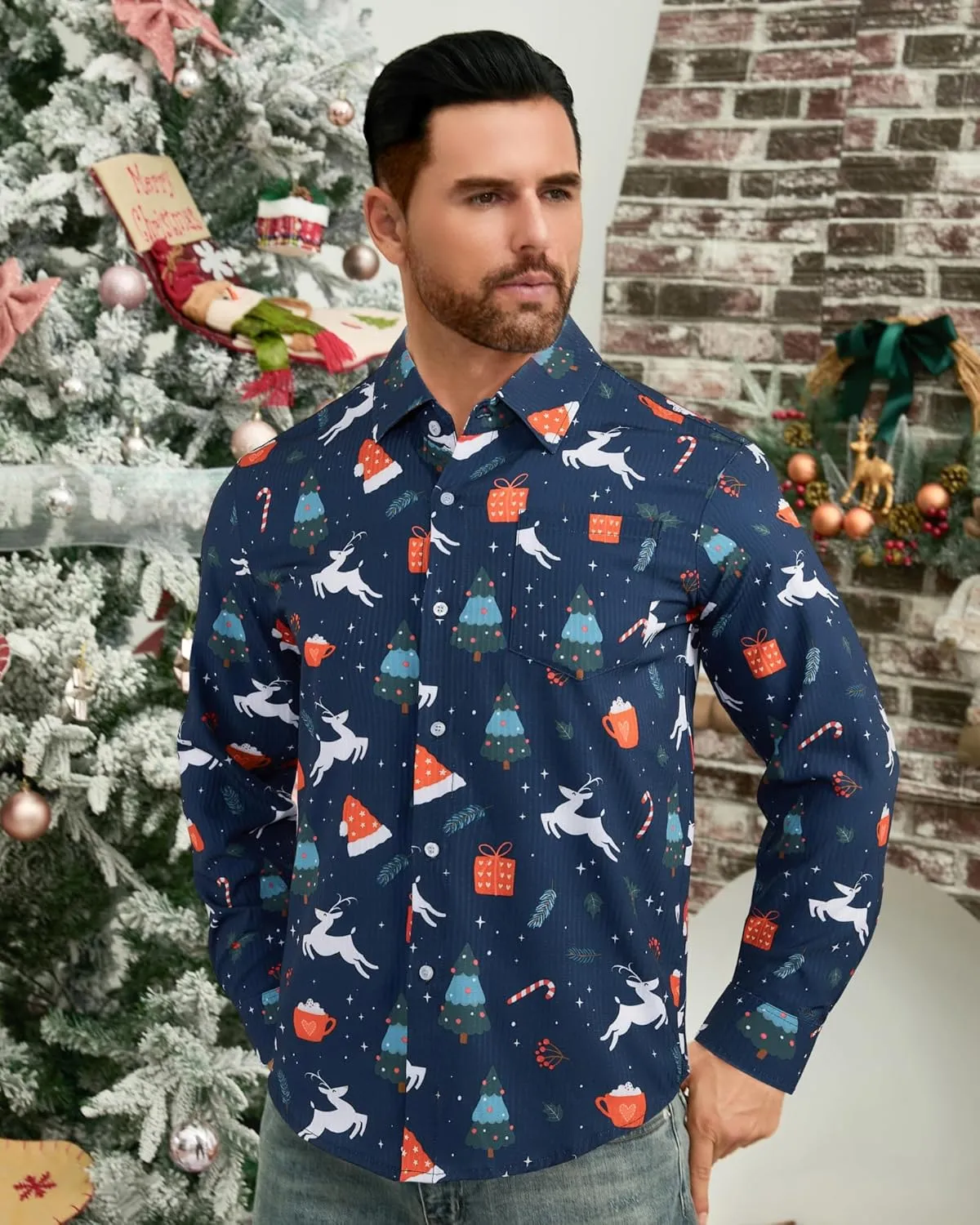 BOJIN Men's Christmas Wrinkle-Free Dress Stretch Long Sleeve Casual Button Down Shirts with Pocket