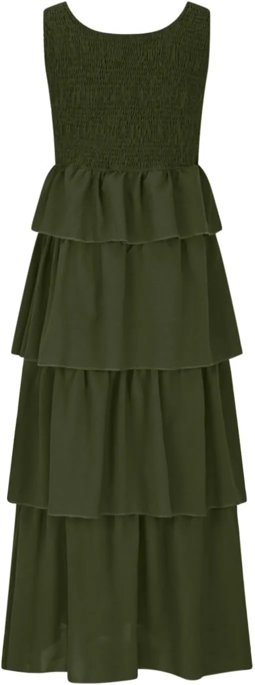 Borniu Women's Summer Casual U Neck Sleeveless Smocked High Waist Tank Midi Dress Tiered Flowy Beach Vacation Cake Dresses