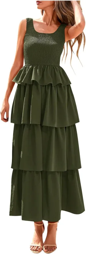 Borniu Women's Summer Casual U Neck Sleeveless Smocked High Waist Tank Midi Dress Tiered Flowy Beach Vacation Cake Dresses