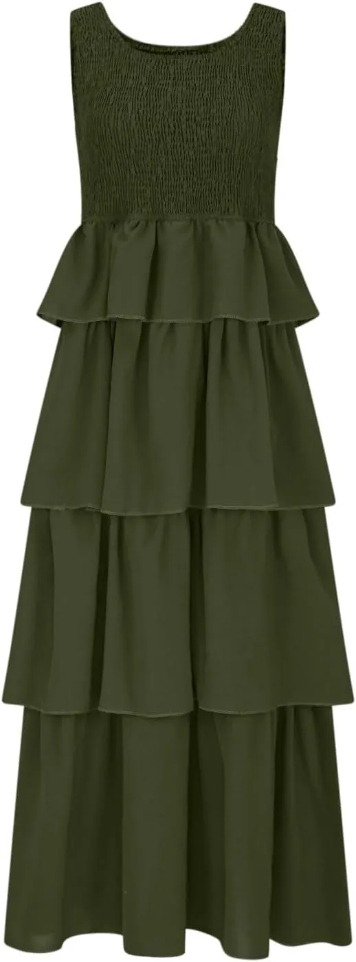 Borniu Women's Summer Casual U Neck Sleeveless Smocked High Waist Tank Midi Dress Tiered Flowy Beach Vacation Cake Dresses