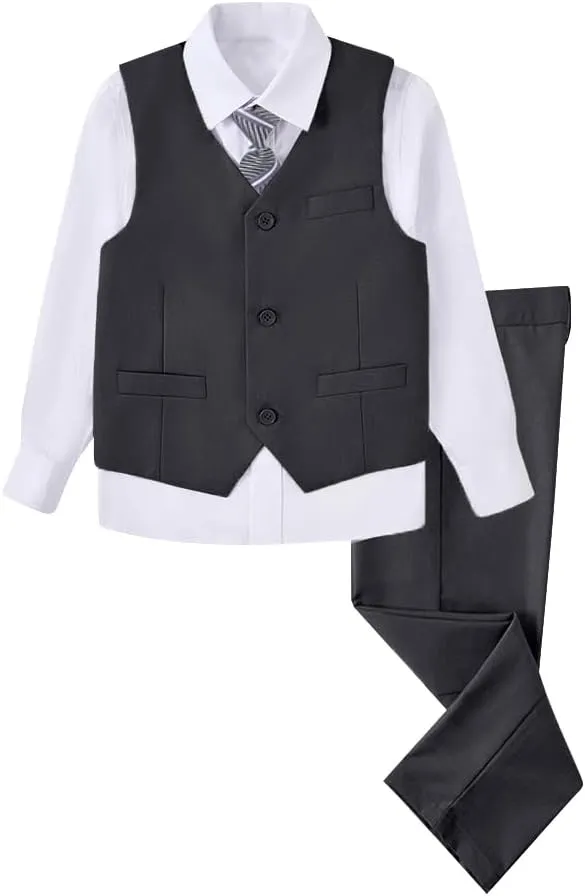Boys 4 Pieces Suits Slim Fit Kids Outfits Vest Pants Sets Black Blue Formal Dresswear for Boy