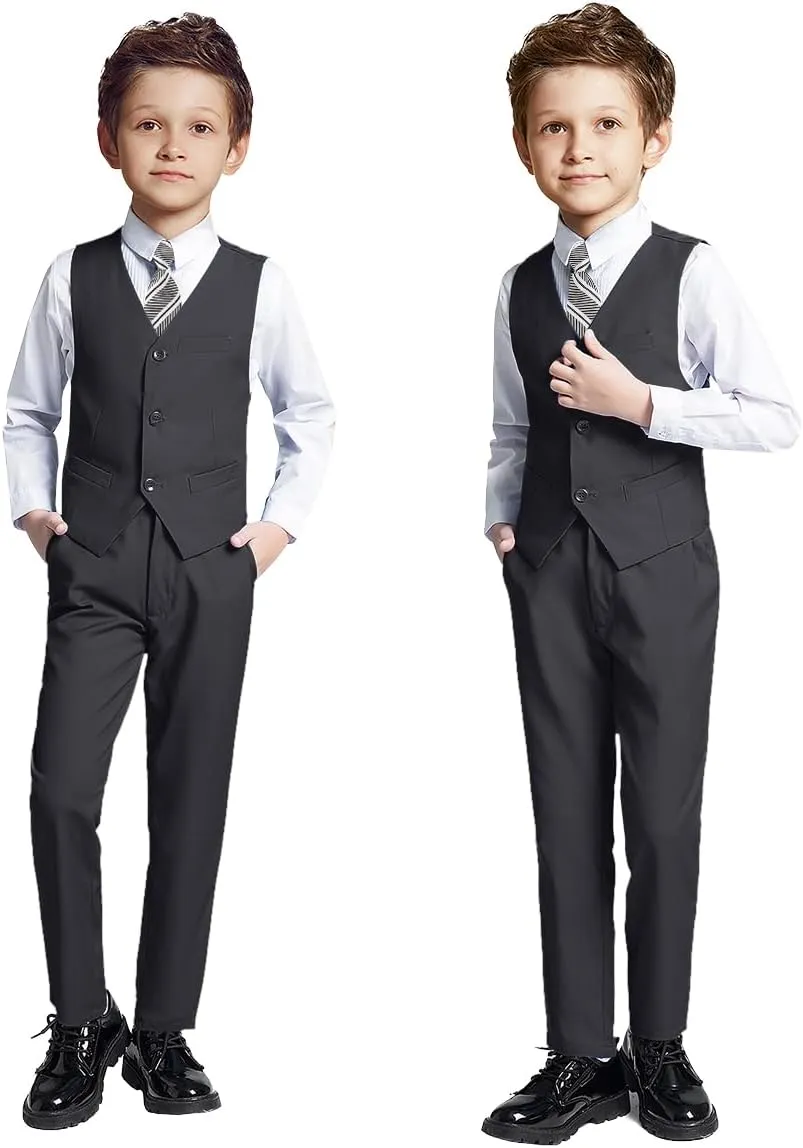 Boys 4 Pieces Suits Slim Fit Kids Outfits Vest Pants Sets Black Blue Formal Dresswear for Boy