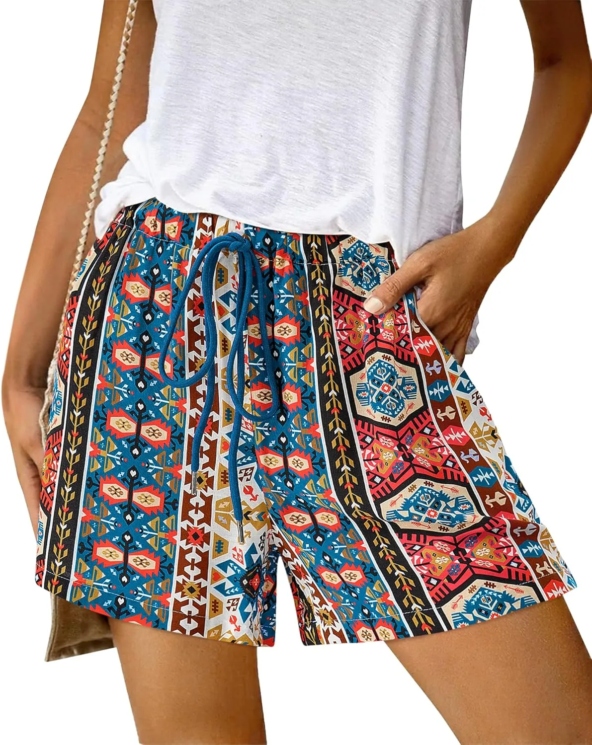 BTFBM Womens Boho Summer Shorts Beach Vacation Clothes 2025 Elastic Waist Casual Printed Loose Short Lounge Pant Pockets