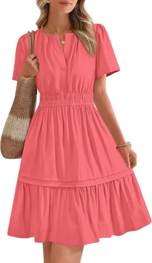 BTFBM Women's Casual Dresses 2025 Summer Spring V Neck Short Sleeve Sundress Smocked Waist A Line Tiered Mini Dress
