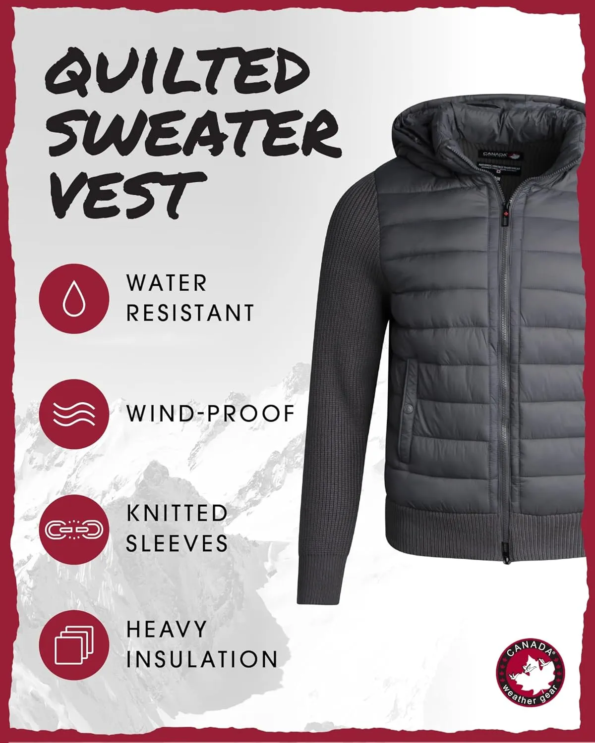 CANADA WEATHER GEAR Men's Quilted Sweater Vest - Water Resistant Full Zip Up Hooded Puffer Winter Jacket (Sizes: M-XXL)