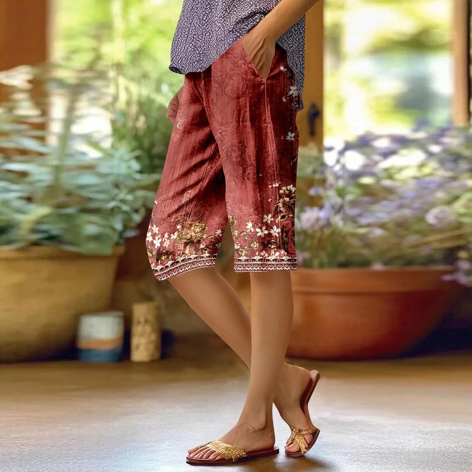Capri Pants for Women Bermuda Shorts High Waisted Wide Leg Cropped Linen Pants Casual Palazzo Pant with Pockets