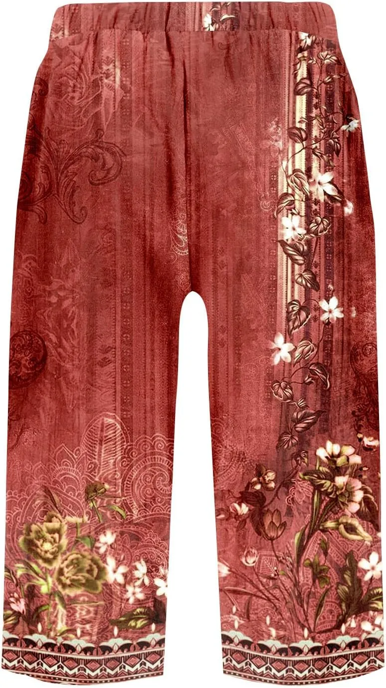 Capri Pants for Women Bermuda Shorts High Waisted Wide Leg Cropped Linen Pants Casual Palazzo Pant with Pockets