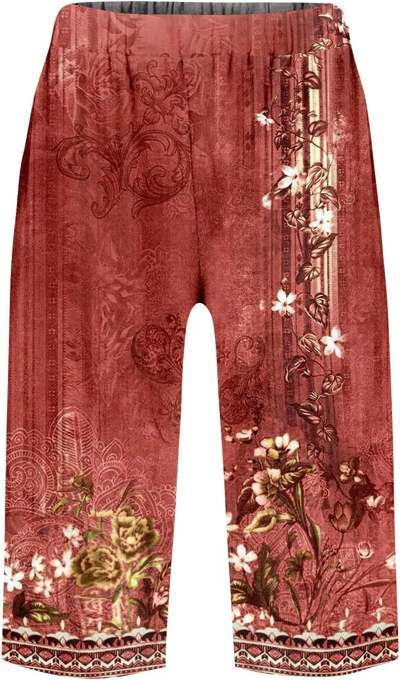 Capri Pants for Women Bermuda Shorts High Waisted Wide Leg Cropped Linen Pants Casual Palazzo Pant with Pockets