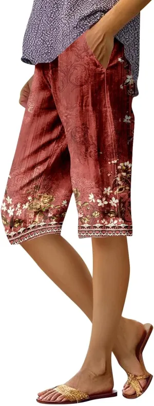 Capri Pants for Women Bermuda Shorts High Waisted Wide Leg Cropped Linen Pants Casual Palazzo Pant with Pockets