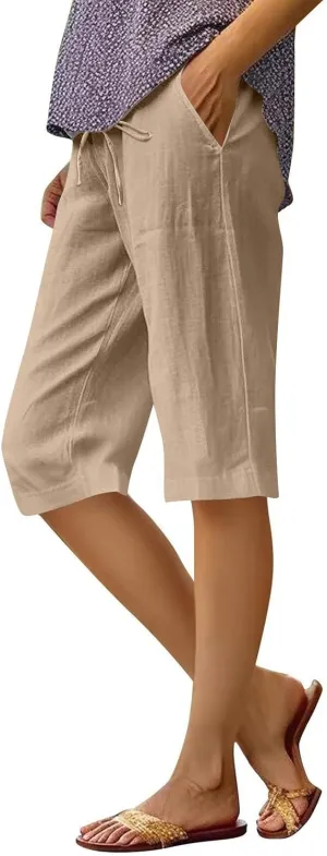 Capri Pants for Women Casual Summer Drawstring Elastic Waist Linen Pant Straight Wide Leg Pocket Cropped Trouser