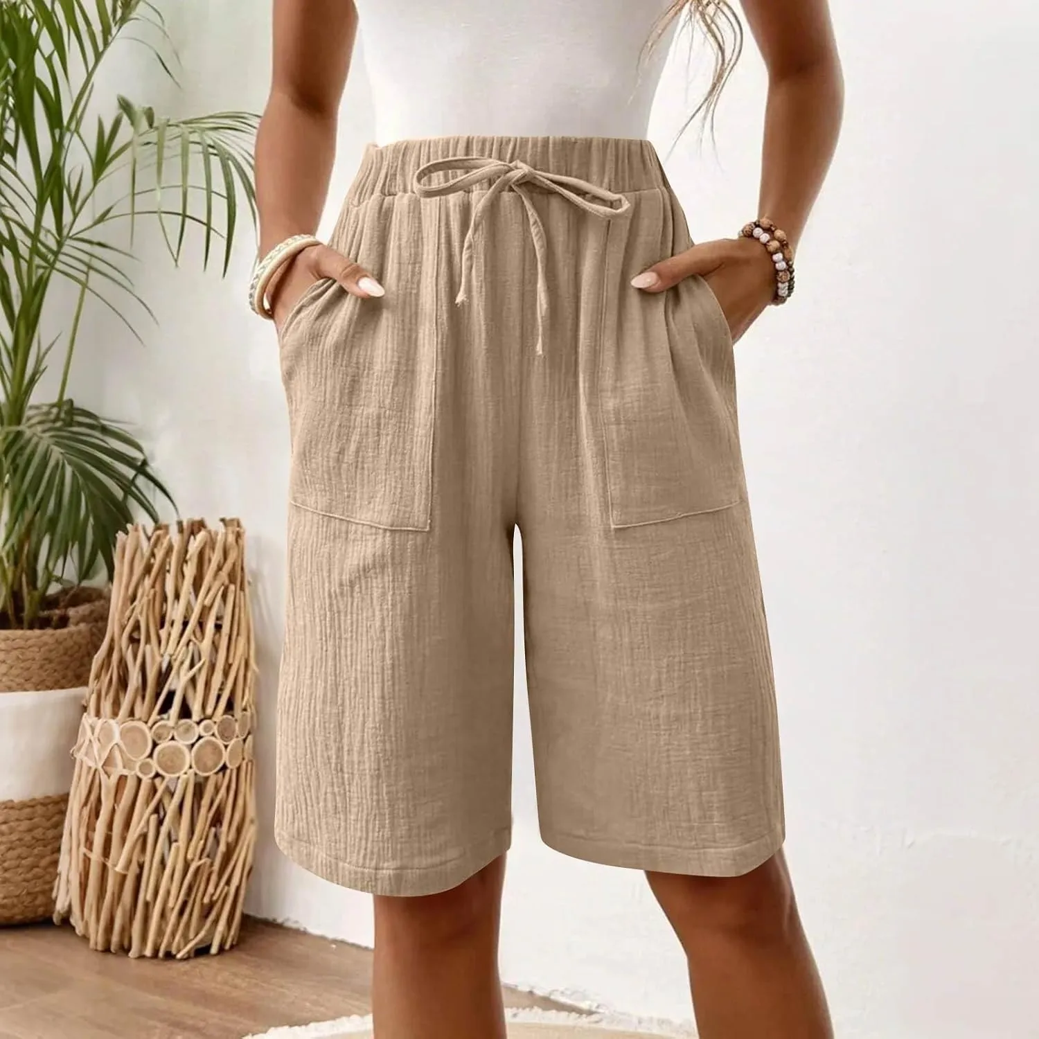 Capri Pants for Women Casual Summer Drawstring Elastic Waist Linen Pant Straight Wide Leg Pocket Cropped Trouser
