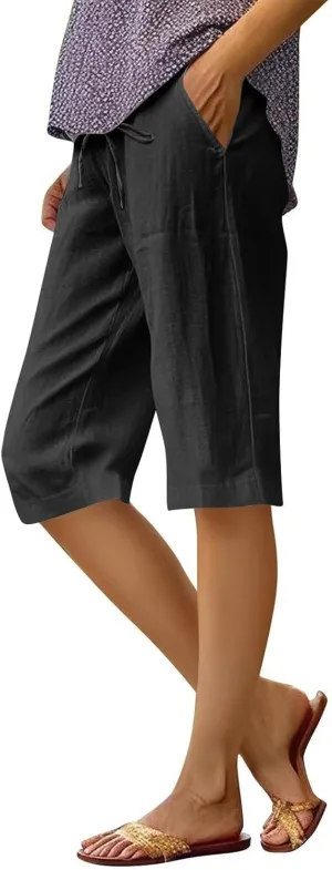 Capri Pants for Women Casual Summer Drawstring Elastic Waist Linen Pant Straight Wide Leg Pocket Cropped Trouser