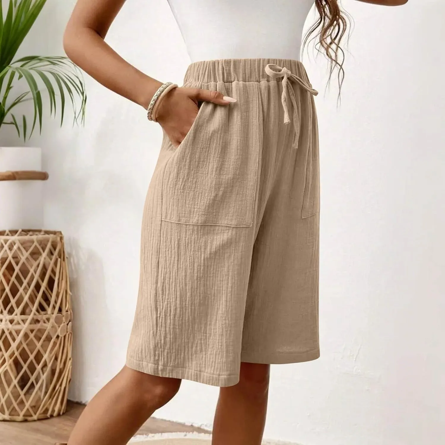 Capri Pants for Women Casual Summer Drawstring Elastic Waist Linen Pant Straight Wide Leg Pocket Cropped Trouser