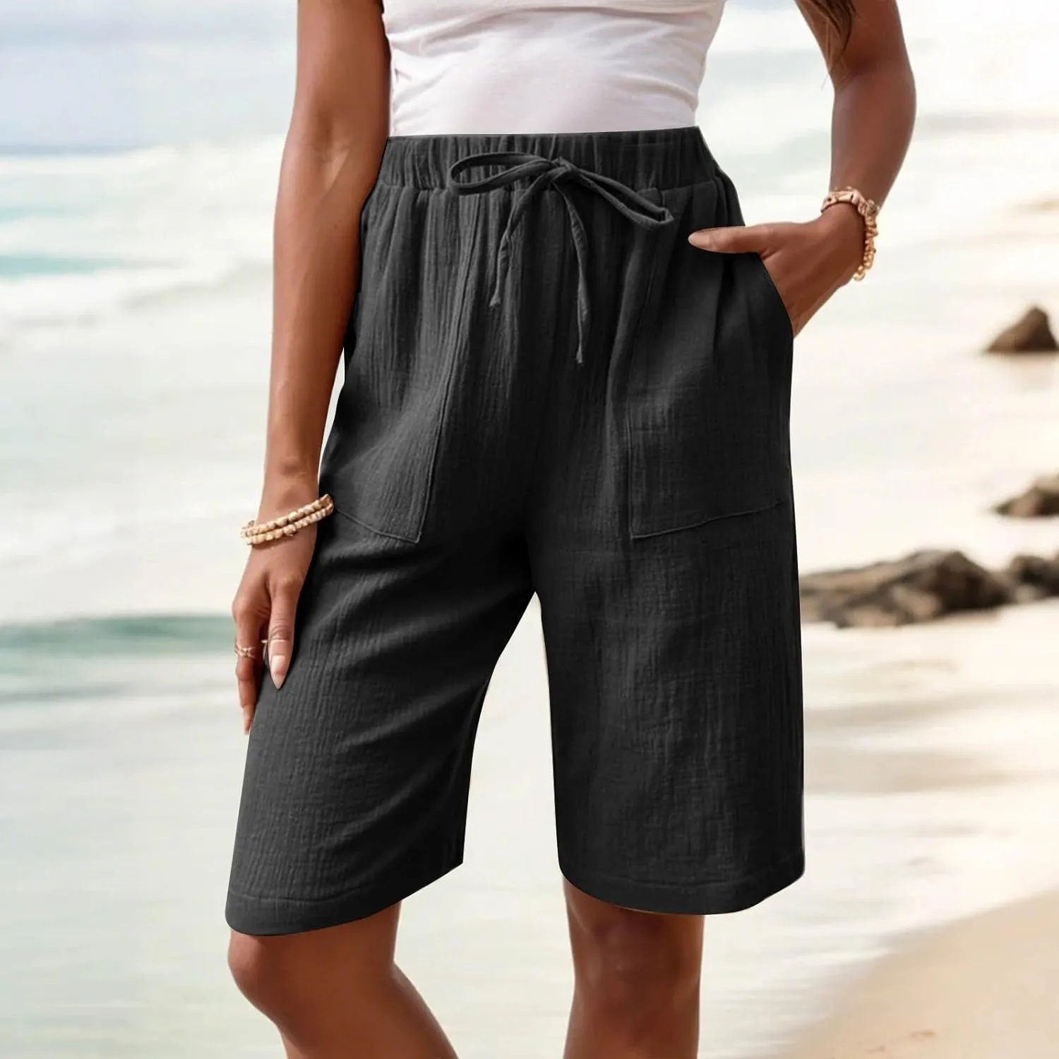 Capri Pants for Women Casual Summer Drawstring Elastic Waist Linen Pant Straight Wide Leg Pocket Cropped Trouser