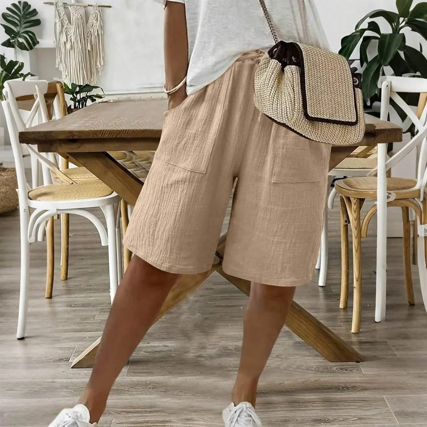Capri Pants for Women Casual Summer Drawstring Elastic Waist Linen Pant Straight Wide Leg Pocket Cropped Trouser
