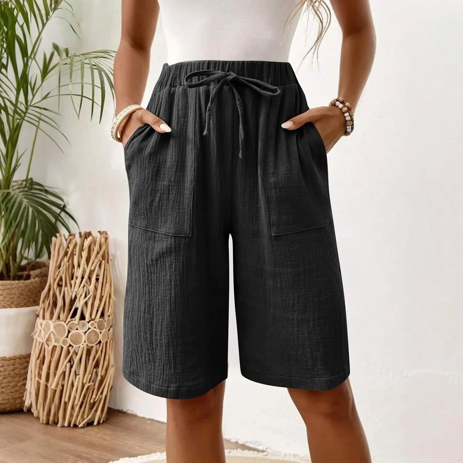 Capri Pants for Women Casual Summer Drawstring Elastic Waist Linen Pant Straight Wide Leg Pocket Cropped Trouser
