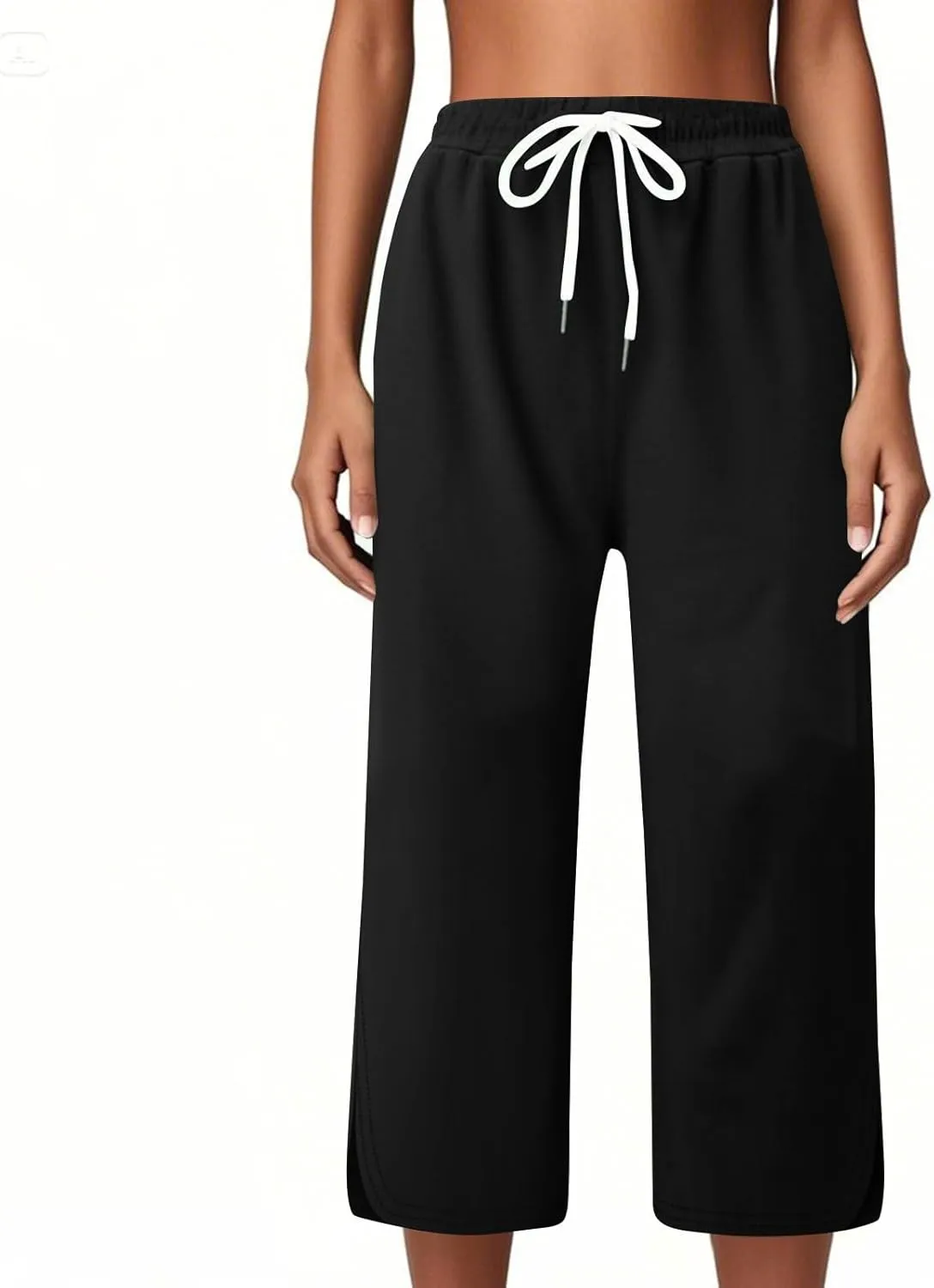 Capri Pants for Women Side Split Knee Length Elastic Waisted Drawstring Athletic Workout Yoga Pants with Pockets