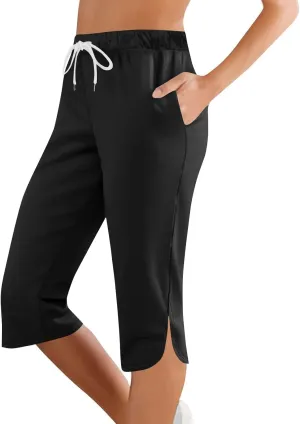 Capri Pants for Women Side Split Knee Length Elastic Waisted Drawstring Athletic Workout Yoga Pants with Pockets