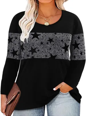 CARCOS Plus Size Tops for Women Color Block Flower/Striped/Camo Crew Neck Long Sleeve Tee Shirt