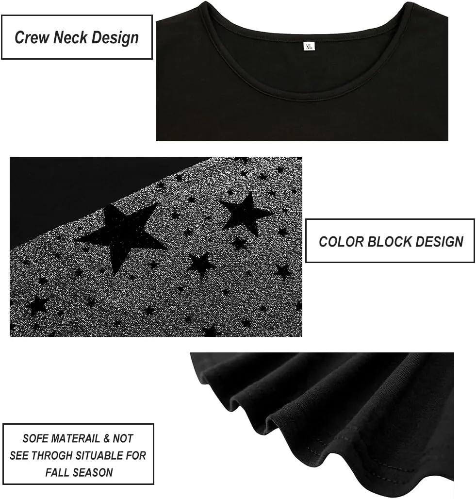 CARCOS Plus Size Tops for Women Color Block Flower/Striped/Camo Crew Neck Long Sleeve Tee Shirt