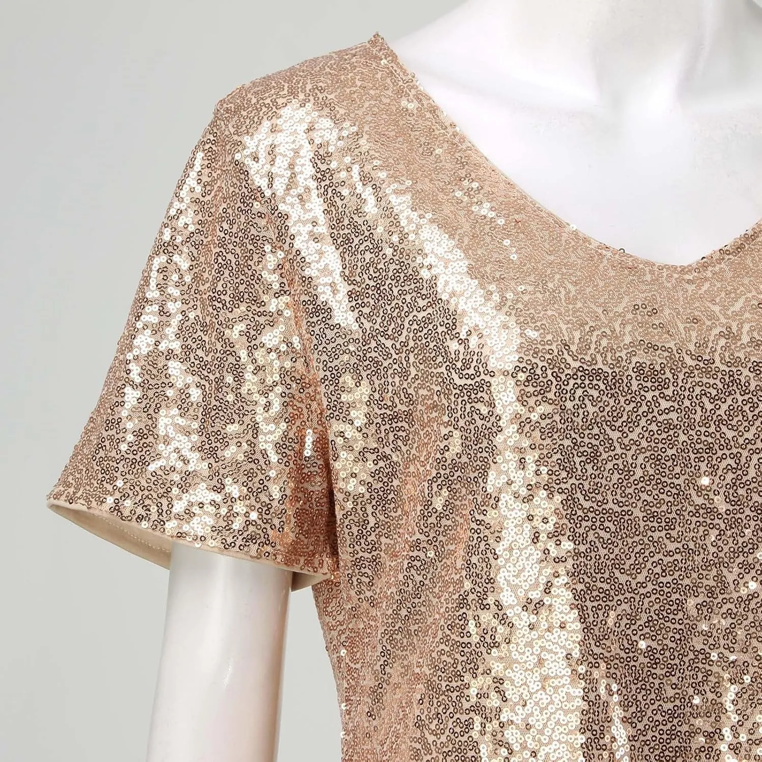 Casual Dresses for Women 2024 Sequin Dress for Short Sleeve Crewneck Sparkly Glitter Boho Dresses