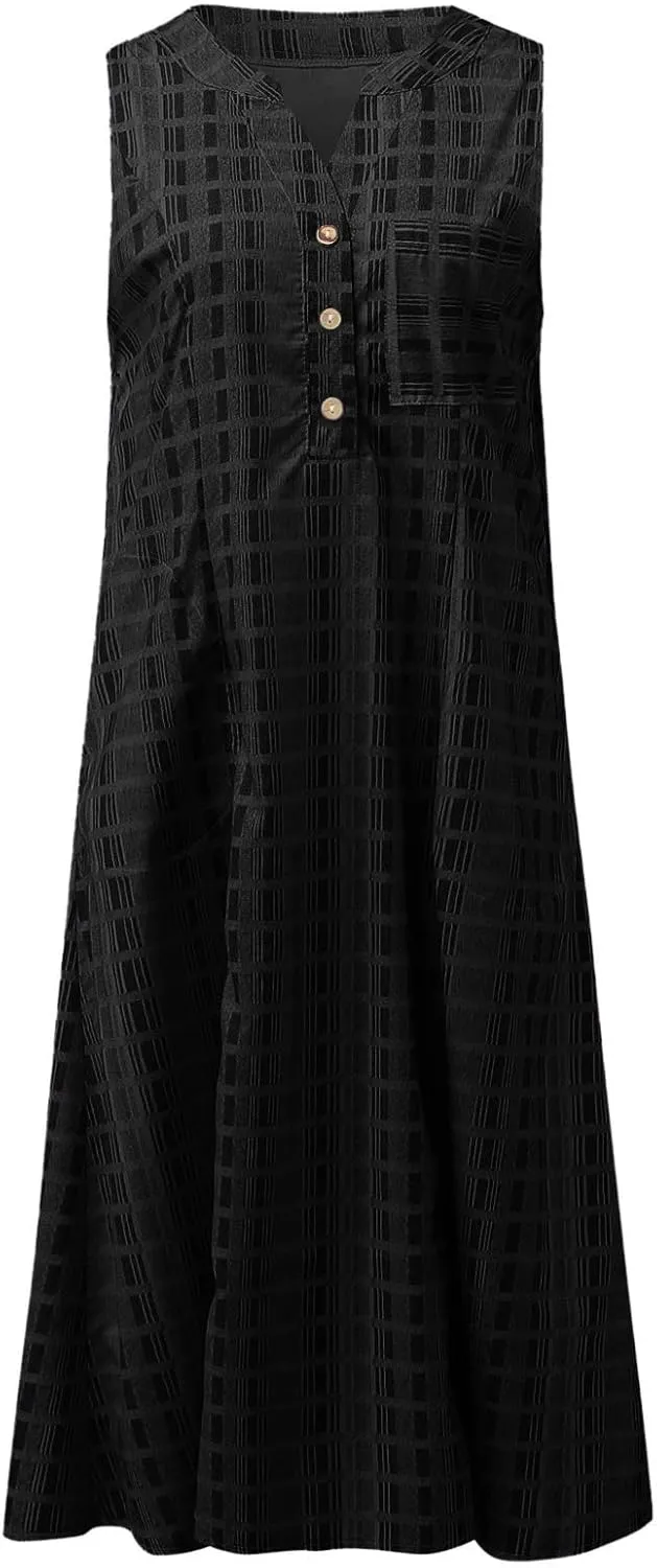 Casual Summer Dresses for Women Stripe Button V Neck Sleeveless with Pocket Long Dresses Holiday Beach Party Midi Dress