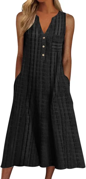 Casual Summer Dresses for Women Stripe Button V Neck Sleeveless with Pocket Long Dresses Holiday Beach Party Midi Dress